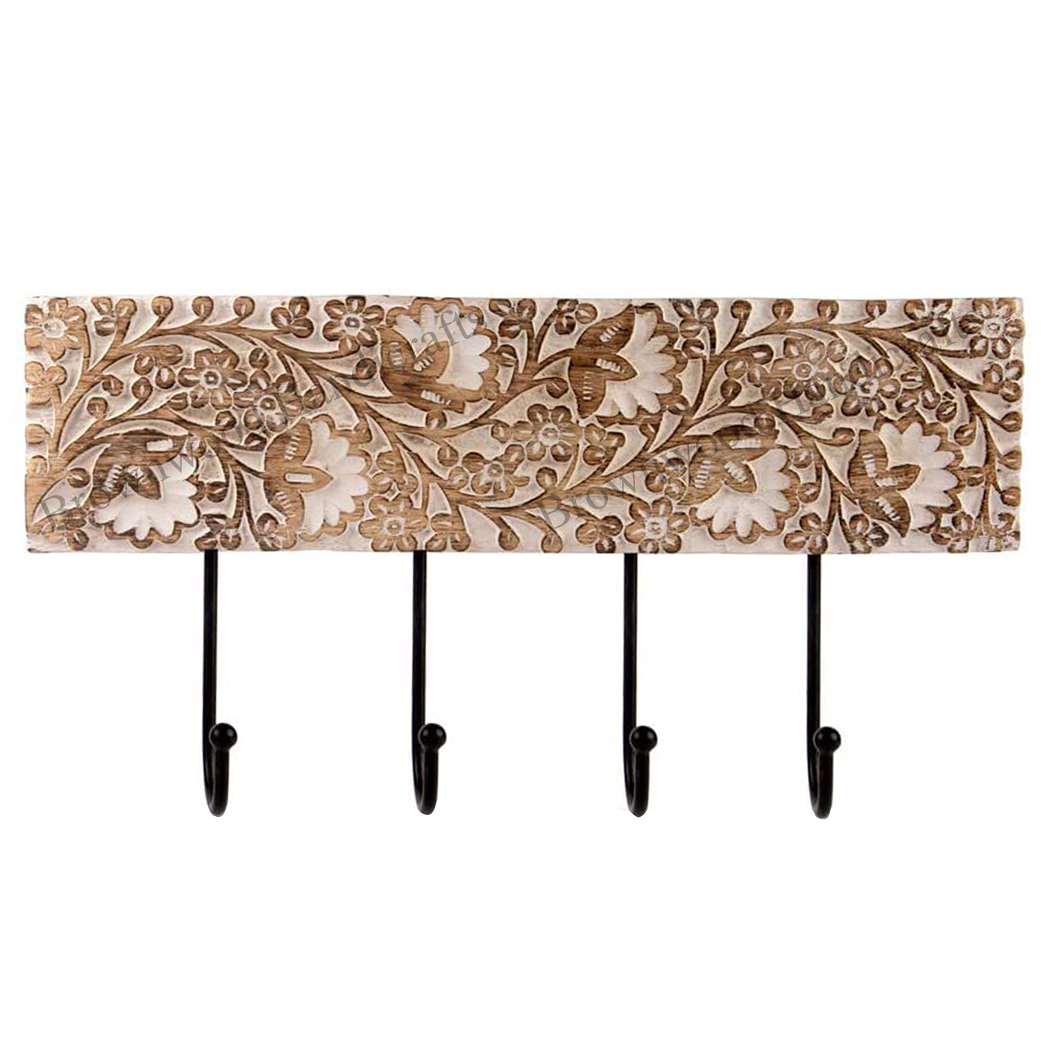 Burnt White Wash Mango Wood Carved Wall Hooks 4 Hooks