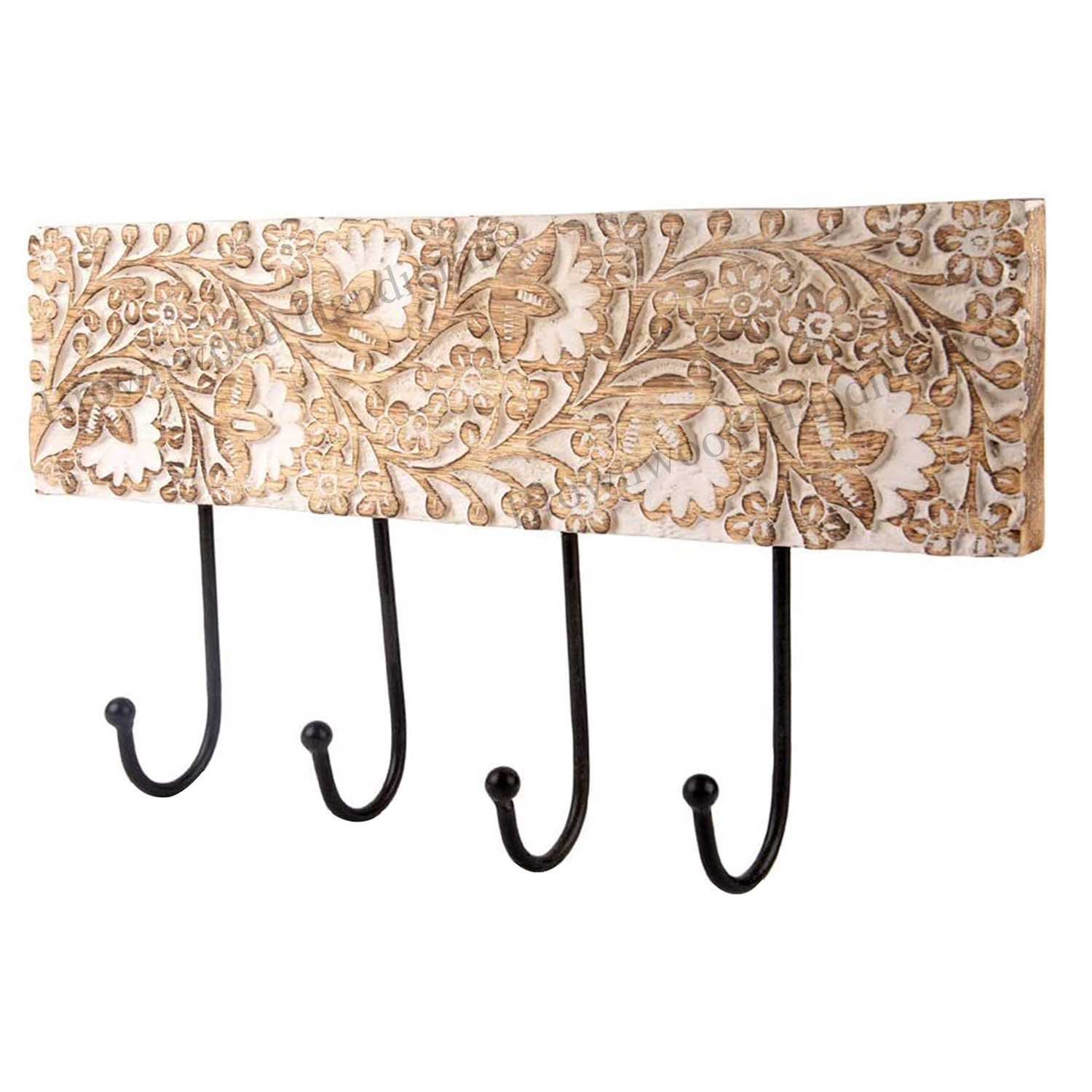 Burnt White Wash Mango Wood Carved Wall Hooks 4 Hooks