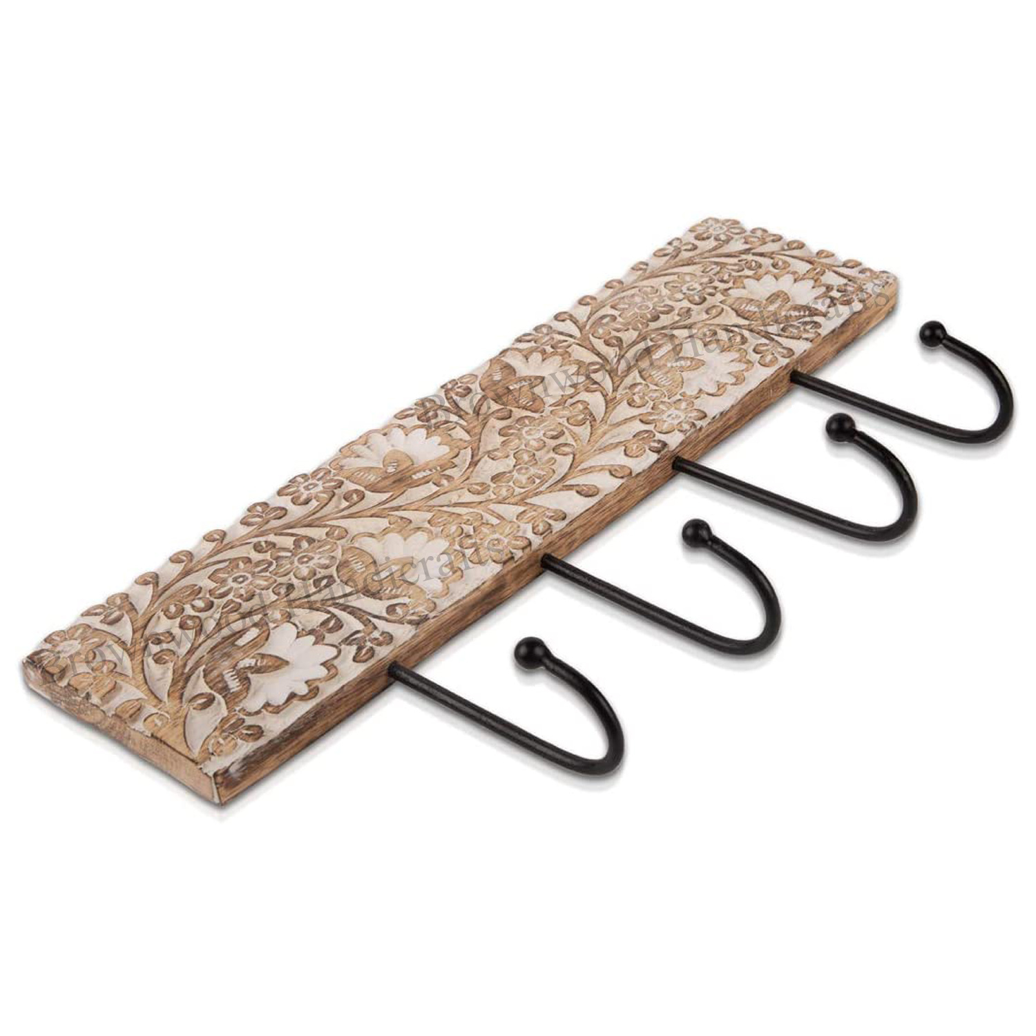 Burnt White Wash Mango Wood Carved Wall Hooks 4 Hooks