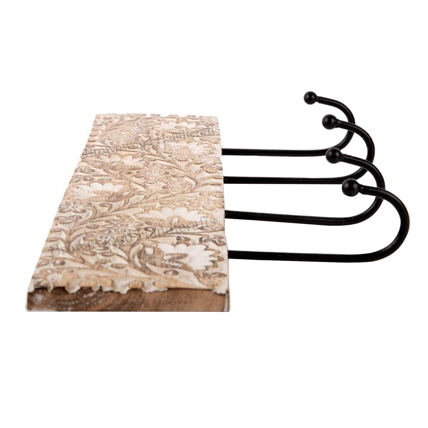 Burnt White Wash Mango Wood Carved Wall Hooks 4 Hooks