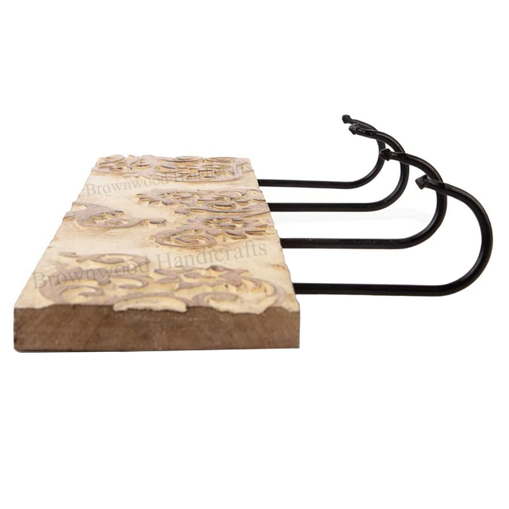 Burnt White Wash Carved Mango Wood Wall Hooks
