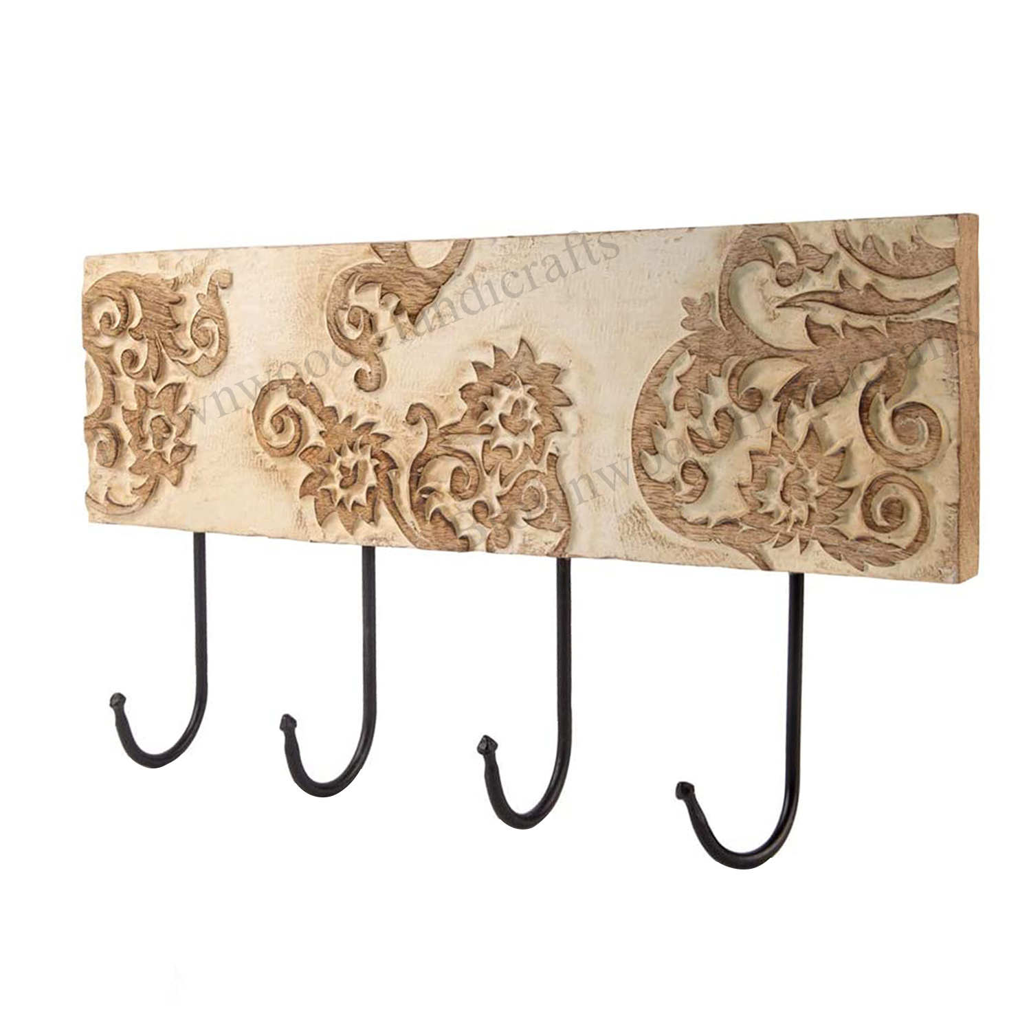 Burnt White Wash Carved Mango Wood Wall Hooks