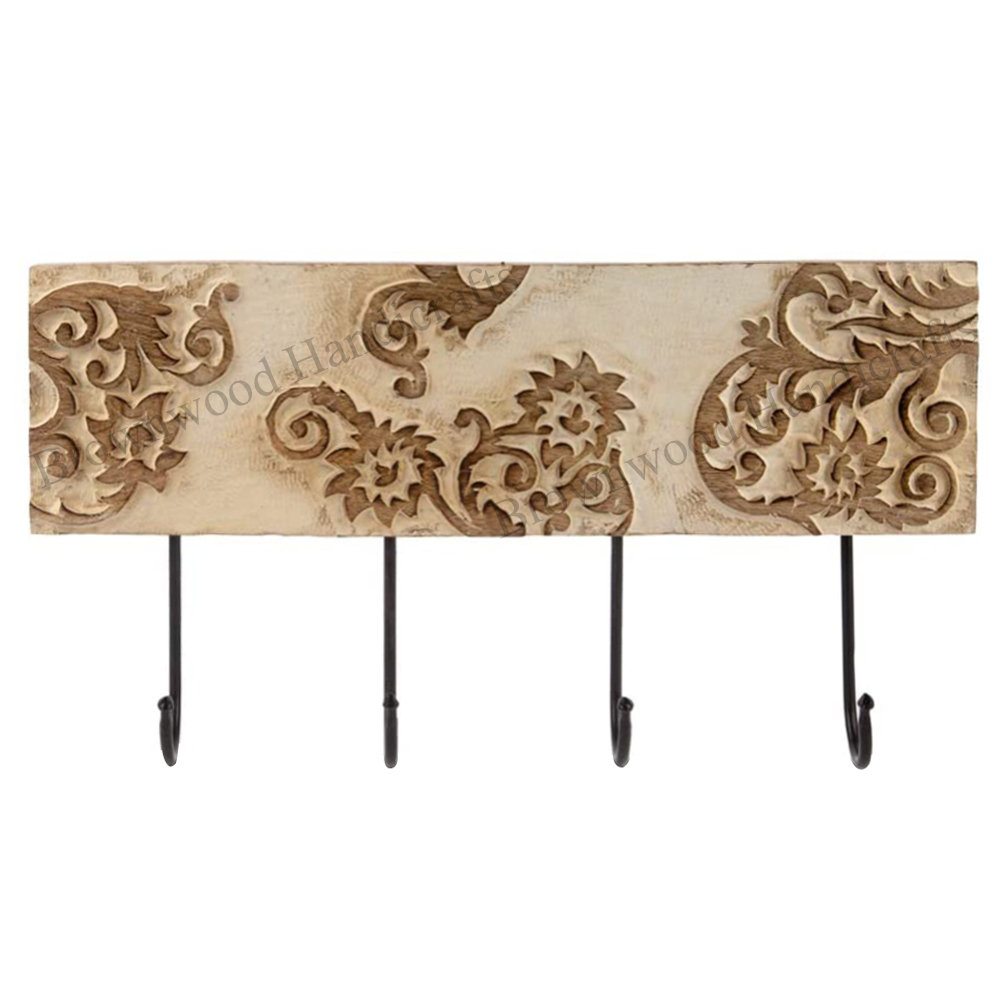 Burnt White Wash Carved Mango Wood Wall Hooks