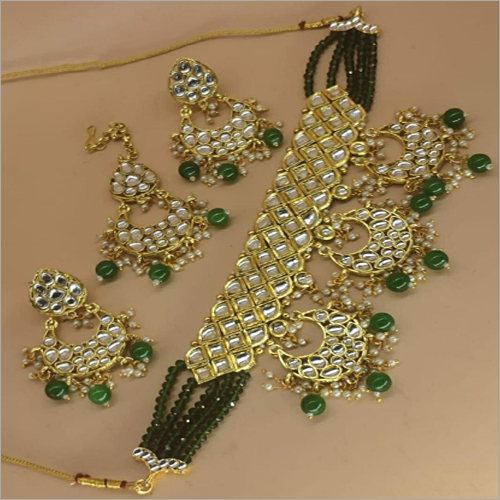 Kundan Set - Skin-Friendly Design, Elegant Dark Green Choker for Festive Occasions