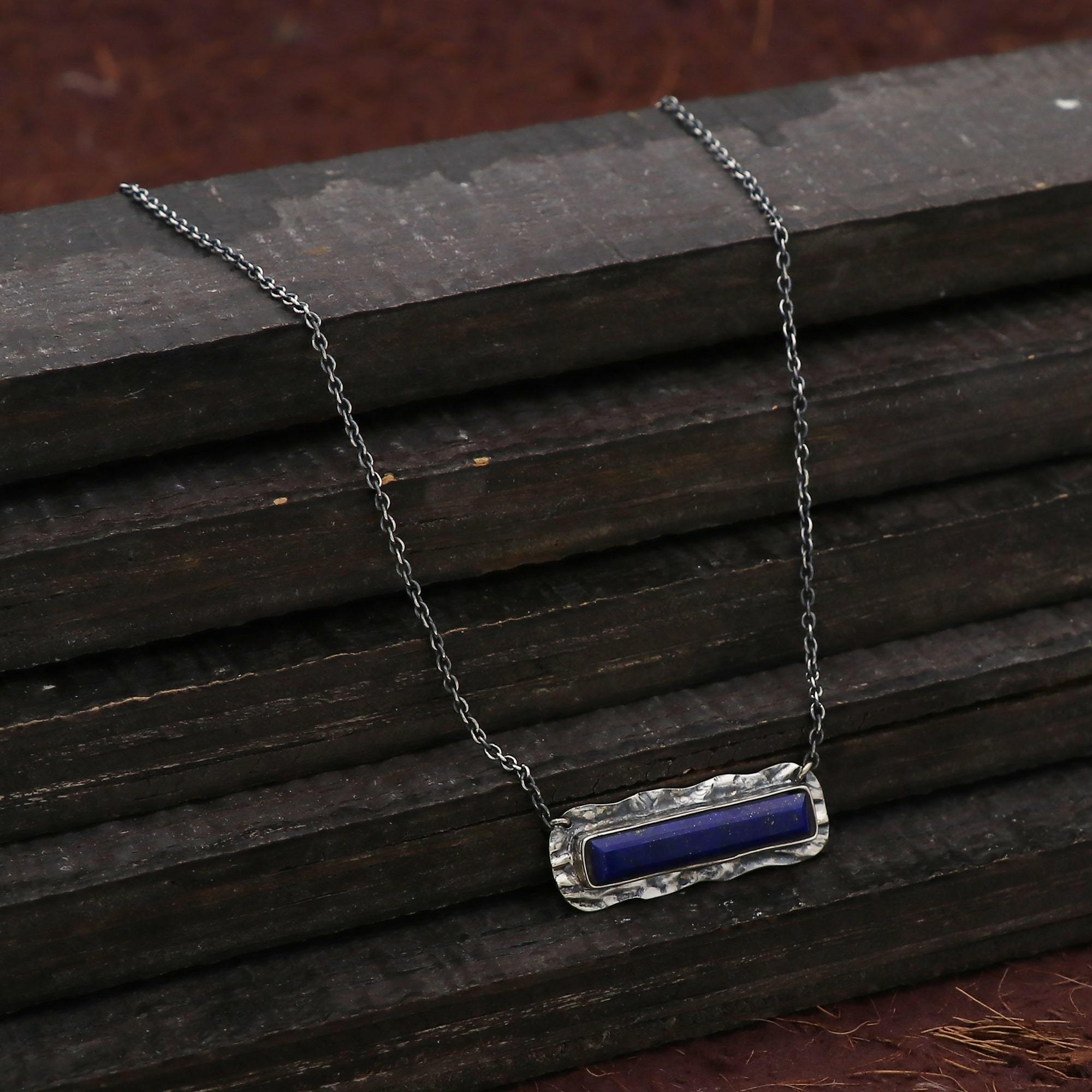 925 Sterling Silver Lapis Hammered Bezel Necklace