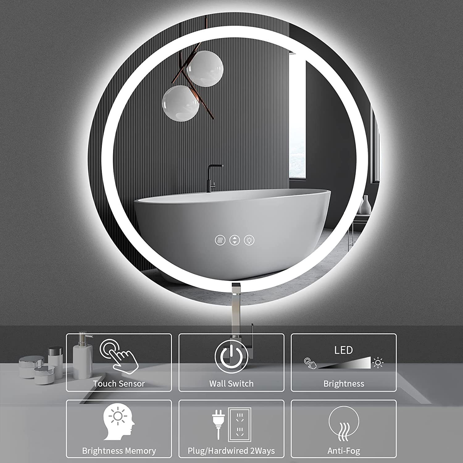 Led Mirror - Glass Material | Adjustable Light, Touch Sensor, Versatile Use For Bathroom, Living Room, Bedroom, Vanity And Entrance Spaces