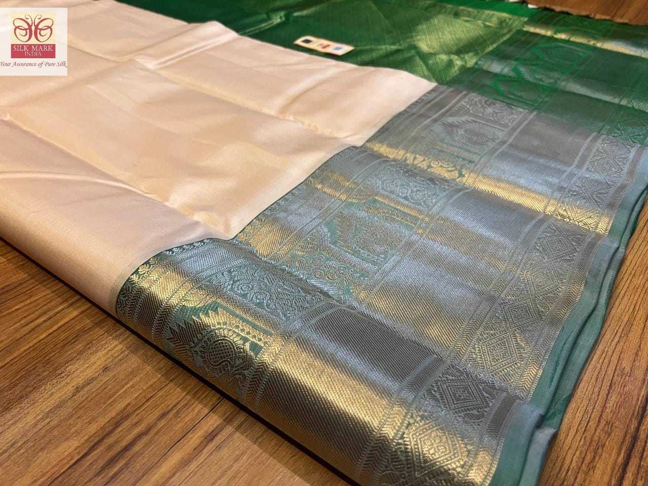 Pure Kanchipuram Silk Saree - 10 Inch Tissue Weaving Border, Half White With Green Color | Light Weight Soft Silk, Rich Zari Work, Silk Mark Certified, Ideal For Festive Occasions
