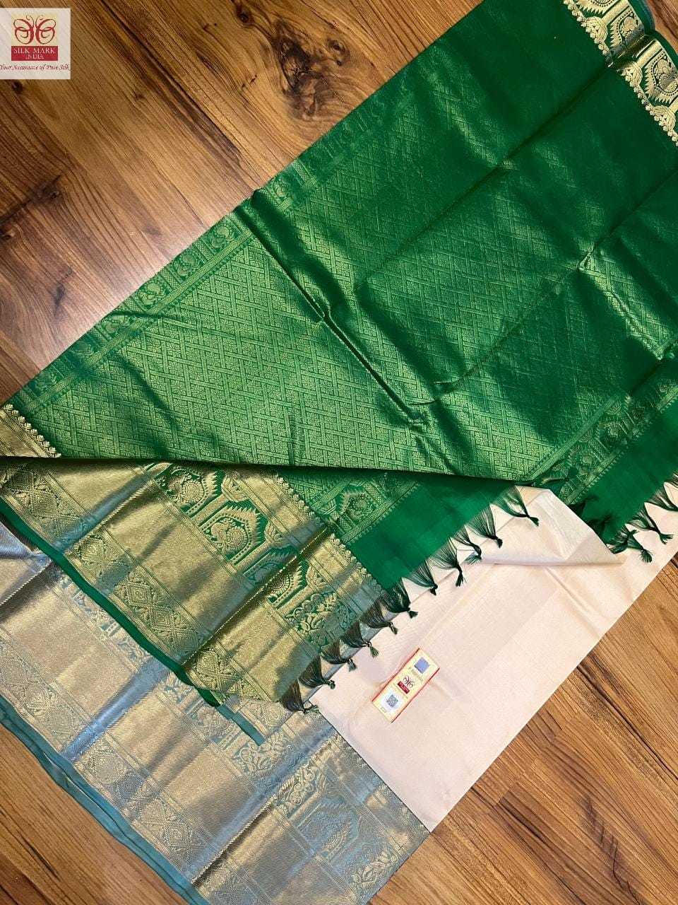 Pure Kanchipuram Silk Saree - 10 Inch Tissue Weaving Border, Half White With Green Color | Light Weight Soft Silk, Rich Zari Work, Silk Mark Certified, Ideal For Festive Occasions