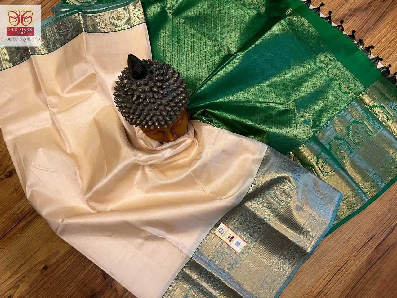 Pure Kanchipuram Silk Saree - 10 Inch Tissue Weaving Border, Half White With Green Color | Light Weight Soft Silk, Rich Zari Work, Silk Mark Certified, Ideal For Festive Occasions