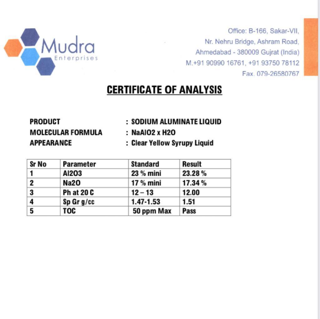 Sodium Aluminate Liquid - Industrial Grade Sodium Aluminum Oxide | Versatile Application For Oil, Paper, Textile, And Water Treatment