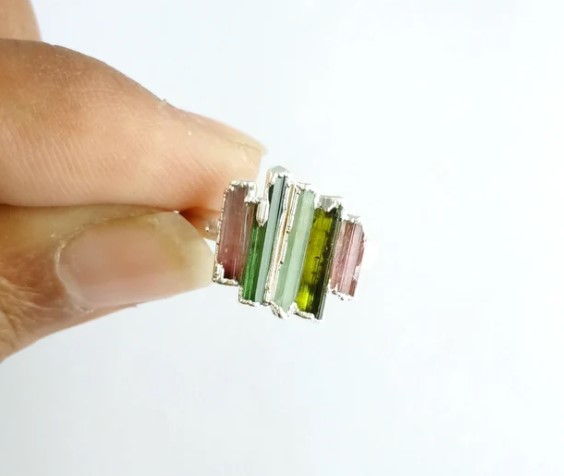 Watermelon Tourmaline Raw Stone Silver Plated Ring Silver Electroplated Semi Precious Gemstone Ring - Gender: Children