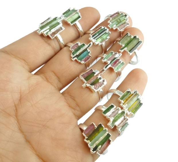 Watermelon Tourmaline Raw Stone Silver Plated Ring Silver Electroplated Semi Precious Gemstone Ring - Gender: Children