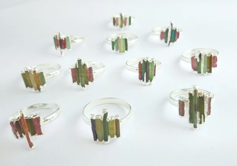 Watermelon Tourmaline Raw Stone Silver Plated Ring Silver Electroplated Semi Precious Gemstone Ring - Gender: Children