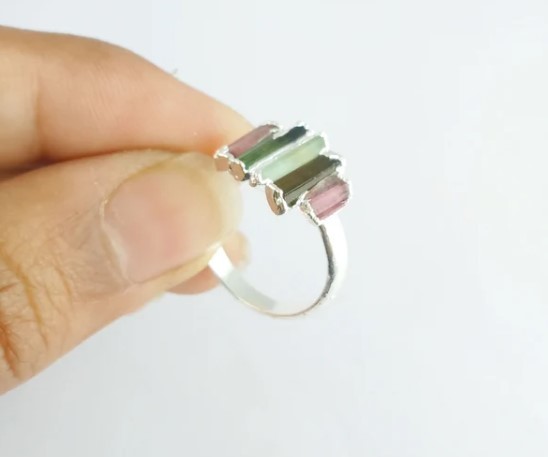 Watermelon Tourmaline Raw Stone Silver Plated Ring Silver Electroplated Semi Precious Gemstone Ring - Gender: Children
