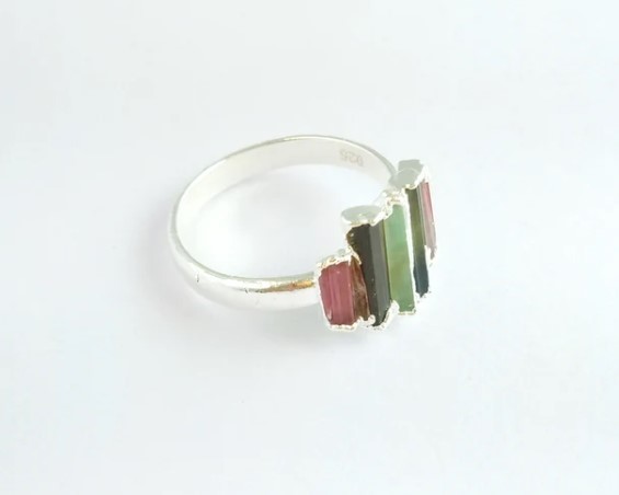 Watermelon Tourmaline Raw Stone Silver Plated Ring Silver Electroplated Semi Precious Gemstone Ring - Gender: Children