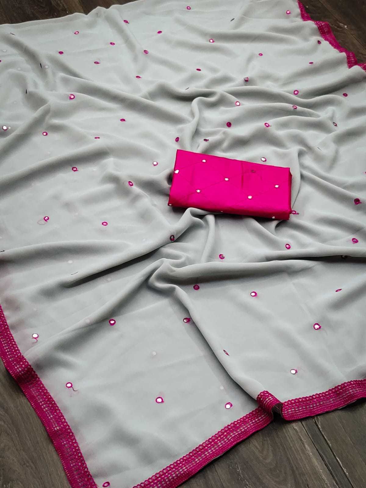 Mirror Work Saree - Pure Georgette, 5.50 Mtr Length With Rich Heavy Border | Breathable, Washable, Customized Logo, All-season Comfort