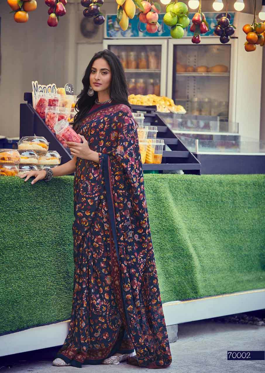 Digital Printed Saree - Cotton Material, Customized Size, Blue Color | Modern Ethnic Design, Lace Decoration, All Season Wear, Short Sleeves, Handwork Pattern