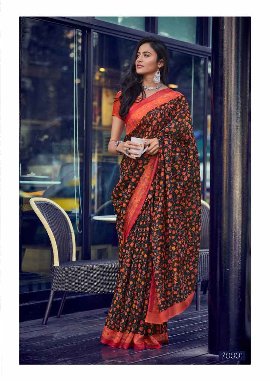 Digital Printed Saree - Cotton Material, Customized Size, Blue Color | Modern Ethnic Design, Lace Decoration, All Season Wear, Short Sleeves, Handwork Pattern