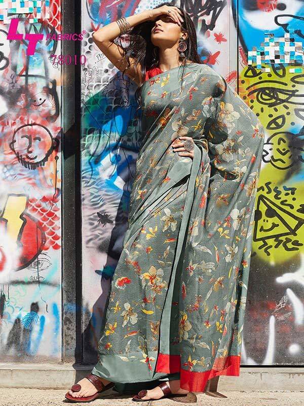 Digital Printed Saree - Cotton Material, Customized Size, Blue Color | Modern Ethnic Design, Lace Decoration, All Season Wear, Short Sleeves, Handwork Pattern