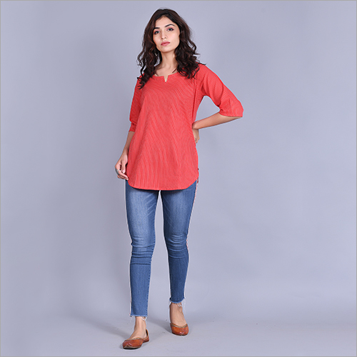 वॉशेबल लेडीज़ रेड कॉटन शॉर्ट कुर्ता