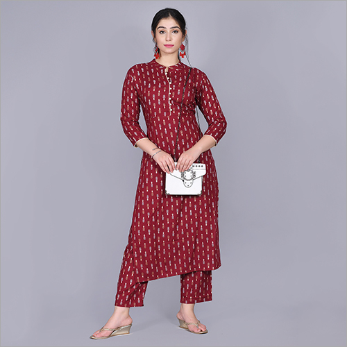 Washable Mehroon Gold Printed Kurti Pant Set