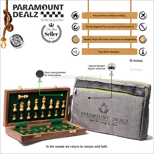 पीस और शतरंज बैग के साथ 10 इंच का हैंडक्राफ़्टेड मैग्नेटिक वुडन शतरंज सेट आयु वर्ग: सब