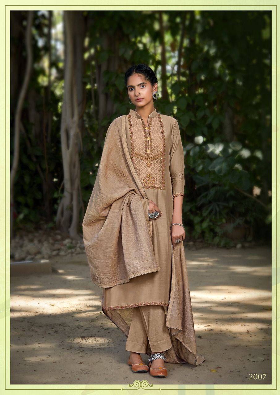 Silk Salwar Suits - Pure Modal Silk With Digital Print Top, Superior Cotton Satin Bottom, Pure Chinon Chiffon Dupatta | Exquisite Handwork Design