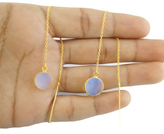 Opalite Long Threader Round Bezel Earrings Gold Plated Chain 925 Sterling Silver Threader Making By Jewelry Size: 11mm