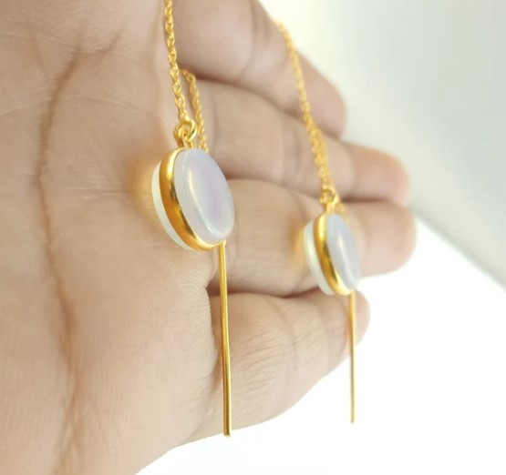 Opalite Long Threader Round Bezel Earrings Gold Plated Chain 925 Sterling Silver Threader Making By Jewelry Size: 11mm