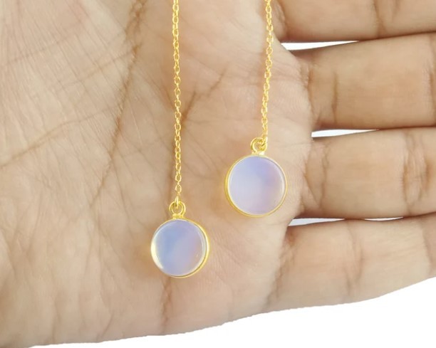 Opalite Long Threader Round Bezel Earrings Gold Plated Chain 925 Sterling Silver Threader Making By Jewelry Size: 11mm