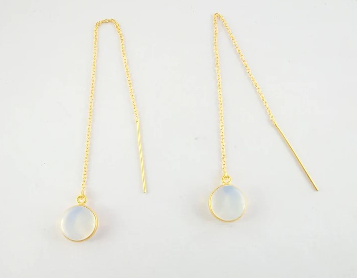 Opalite Long Threader Round Bezel Earrings Gold Plated Chain 925 Sterling Silver Threader Making By Jewelry Size: 11mm