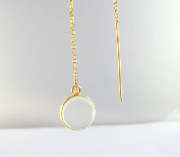 Opalite Long Threader Round Bezel Earrings Gold Plated Chain 925 Sterling Silver Threader Making By Jewelry Size: 11mm