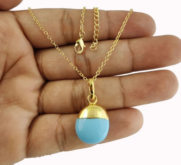 Oval Turquoise Smooth Tumble Pendant Necklace 18 Inch Chain Necklace December Birthstone Necklace