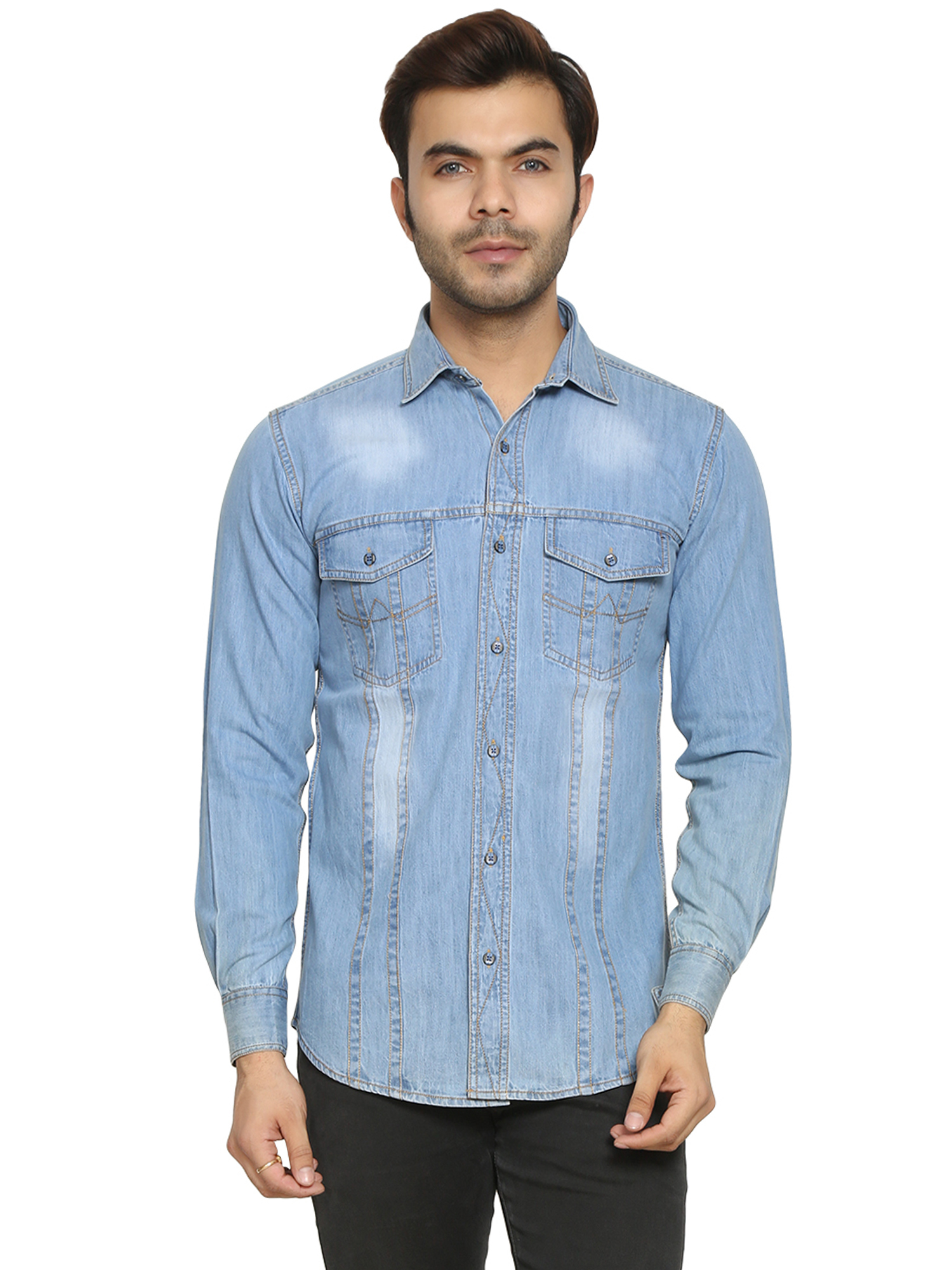 Mens Denim Shirts - Denim, Plus Size (L, M, Xl, Xxl), Sky Blue, Full Sleeves, Plaid Pattern | Anti-wrinkle, Breathable, Quick Dry, Washable