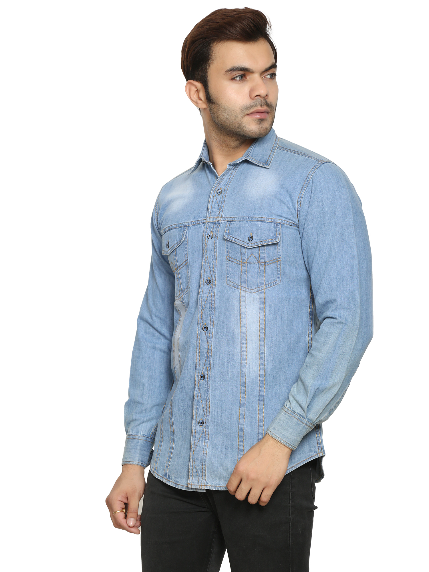 Mens Denim Shirts - Denim, Plus Size (L, M, Xl, Xxl), Sky Blue, Full Sleeves, Plaid Pattern | Anti-wrinkle, Breathable, Quick Dry, Washable