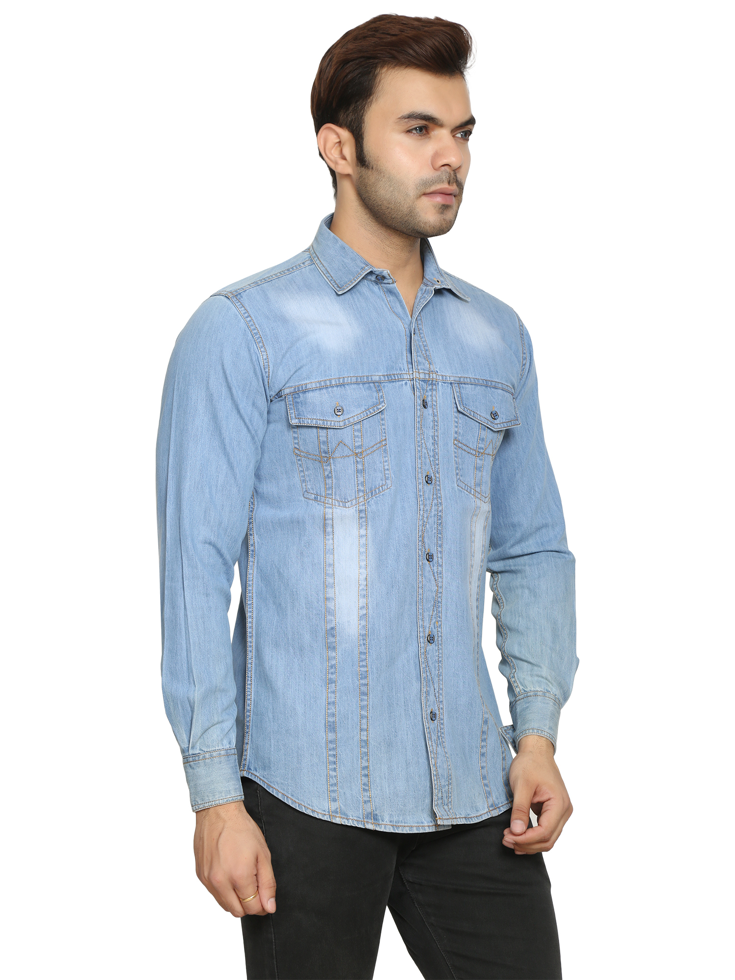 Mens Denim Shirts - Denim, Plus Size (L, M, Xl, Xxl), Sky Blue, Full Sleeves, Plaid Pattern | Anti-wrinkle, Breathable, Quick Dry, Washable