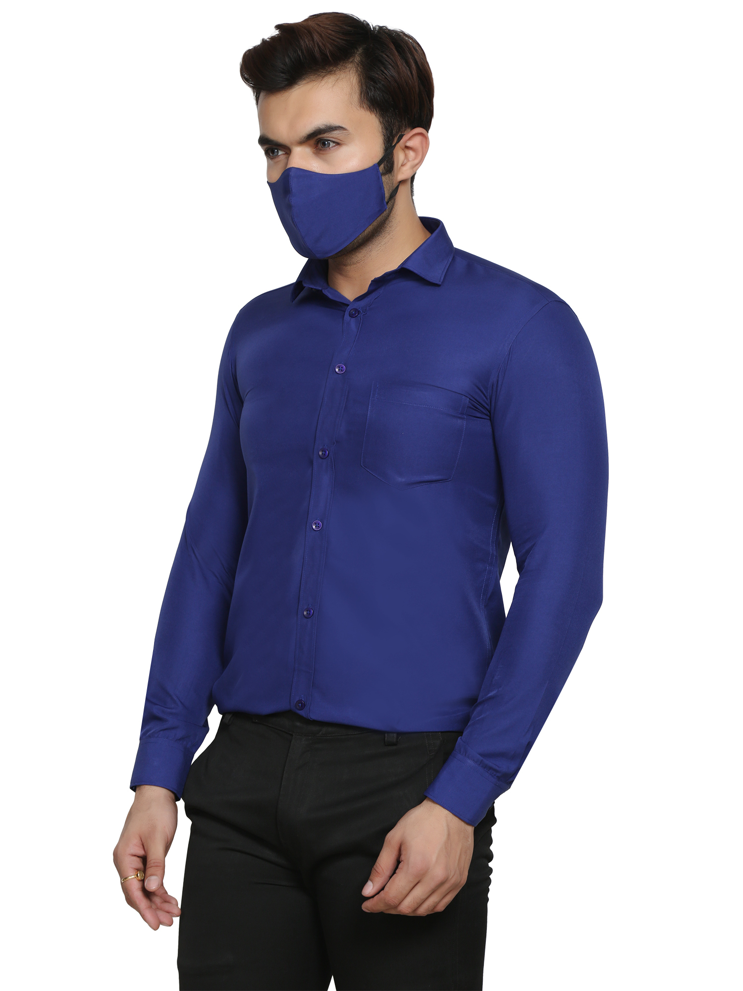Men's Formal Shirt - Cotton Polyester Blend, Royal Blue, Plus Size Options | Anti-wrinkle, Breathable, Cool Dry, Quick Dry, Washable, Free Mask Included