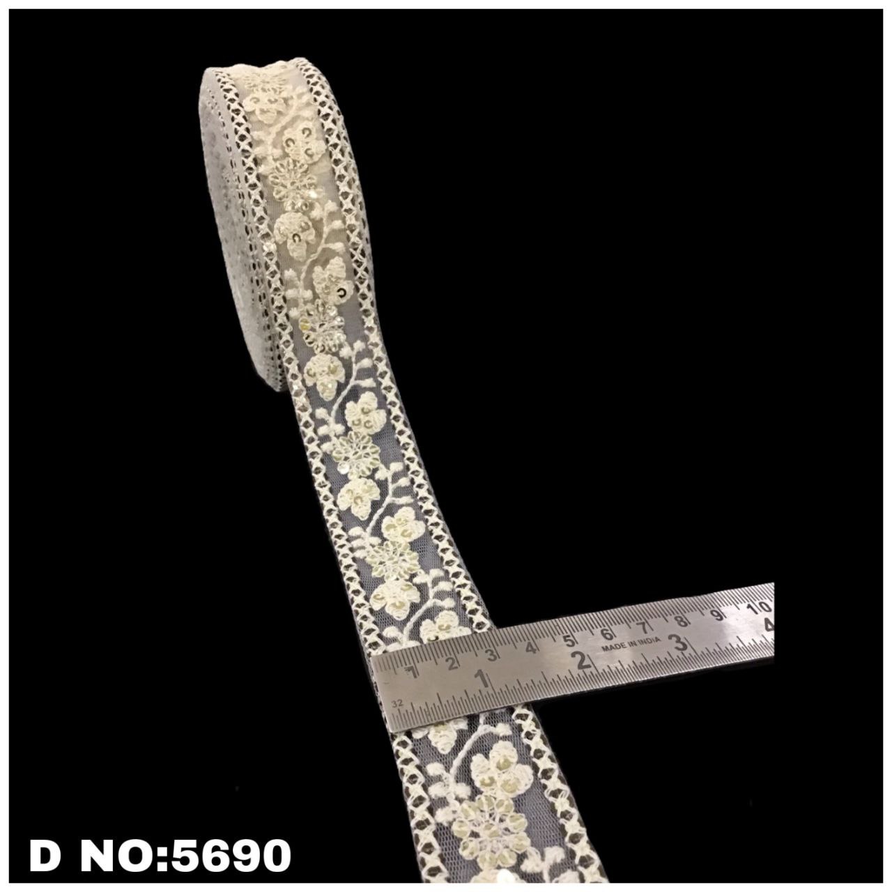 Dyeable Lace - Cotton, 9m Length | White, Embroidered Pattern, Sequins Decoration, Width 1.5 To 3 Inches, Customizable Color Options