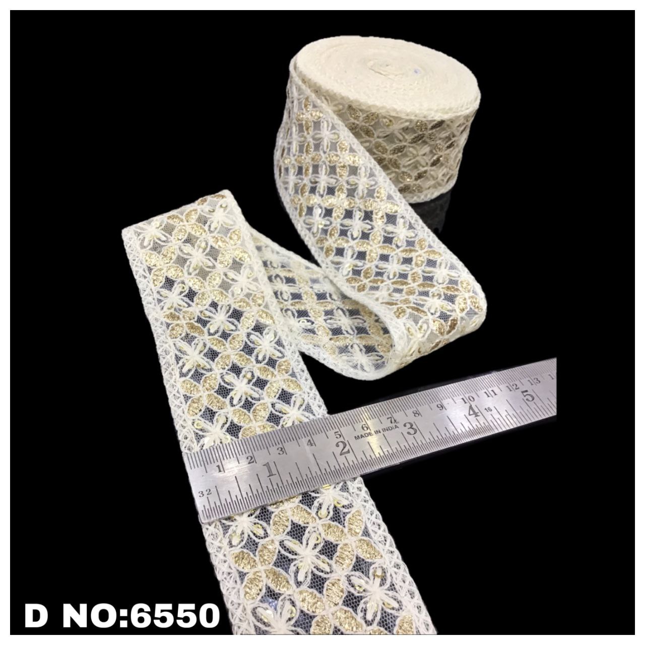 Dyeable Lace - Cotton, 9m Length | White, Embroidered Pattern, Sequins Decoration, Width 1.5 To 3 Inches, Customizable Color Options