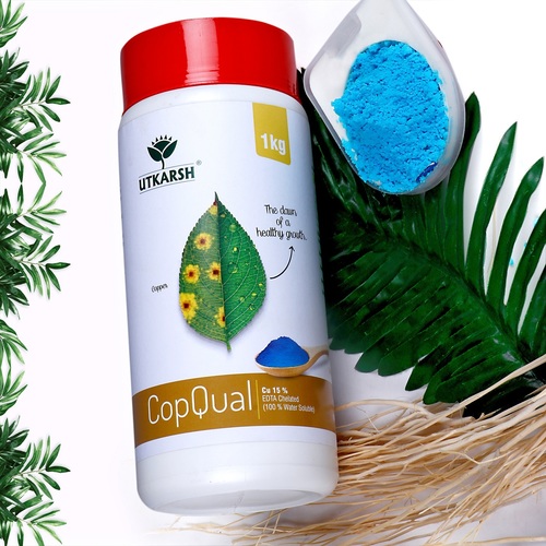 उत्कर्ष कोप्वैल कॉपर कप 15% एड्टा चेलेटेड (100% पानी में घुलनशील फ़ॉइलर स्प्रे) एटा चेलेटेड फ़र्टिलाइज़र अनुप्रयोग: कृषि