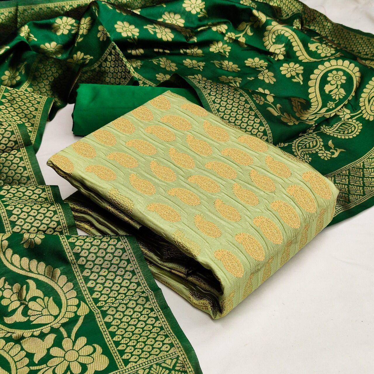 Banarsi Silk Suit - Banarsi Silk Fabric (2.4 Mtr), Heavy Silk Bottom (2.4 Mtr), Jacquard Weaving Dupatta (2.20 Mtr) | Custom Logo, Washable, Breathable, All Season, Custom Size Up To Xxxxl