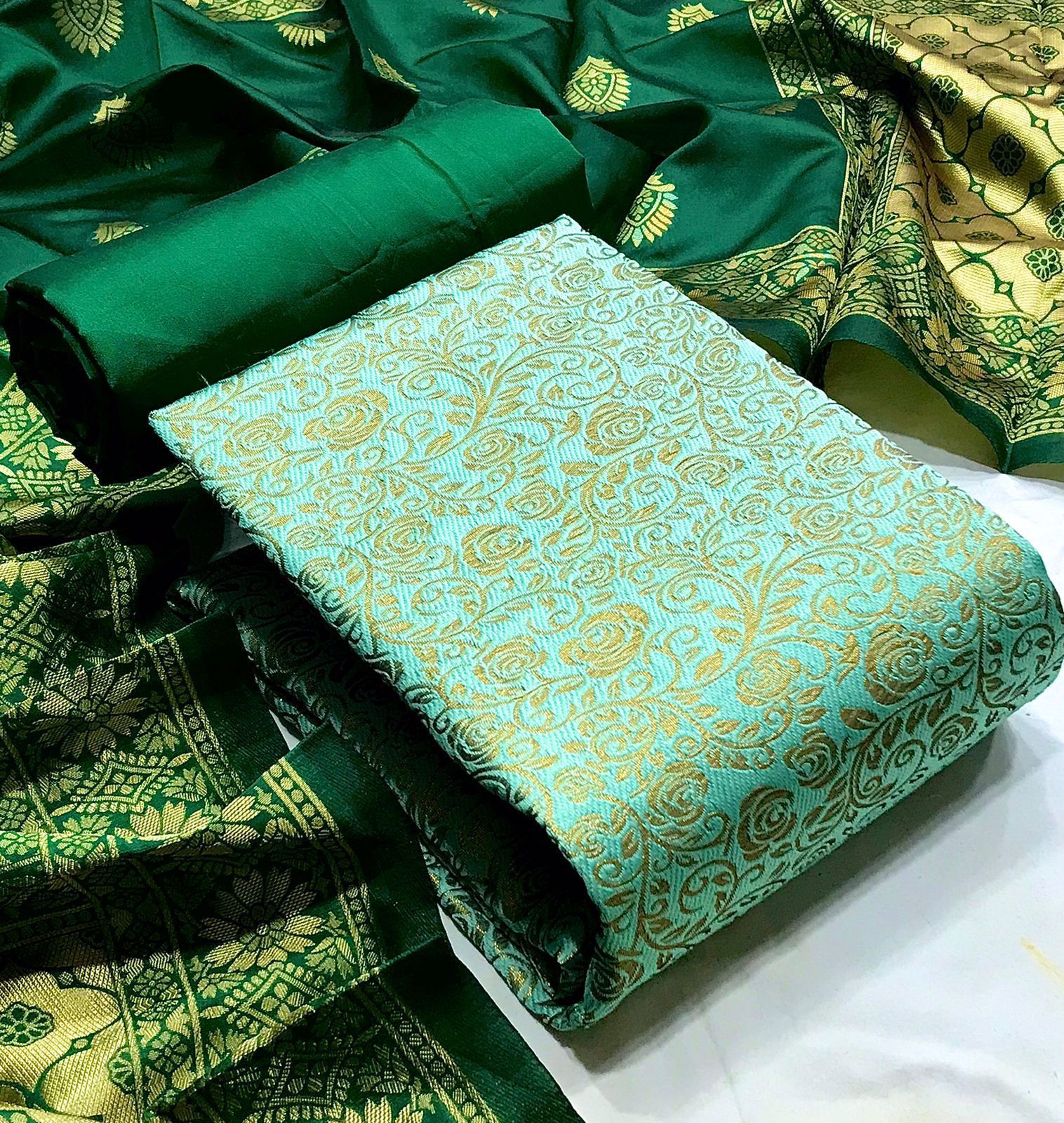 Banarsi Silk Suit - Banarsi Silk Fabric (2.4 Mtr), Heavy Silk Bottom (2.4 Mtr), Jacquard Weaving Dupatta (2.20 Mtr) | Custom Logo, Washable, Breathable, All Season, Custom Size Up To Xxxxl