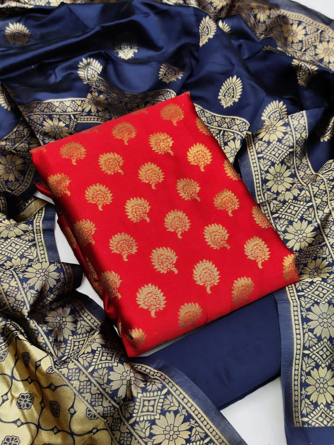 Banarsi Silk Suit - Banarsi Silk Fabric (2.4 Mtr), Heavy Silk Bottom (2.4 Mtr), Jacquard Weaving Dupatta (2.20 Mtr) | Custom Logo, Washable, Breathable, All Season, Custom Size Up To Xxxxl