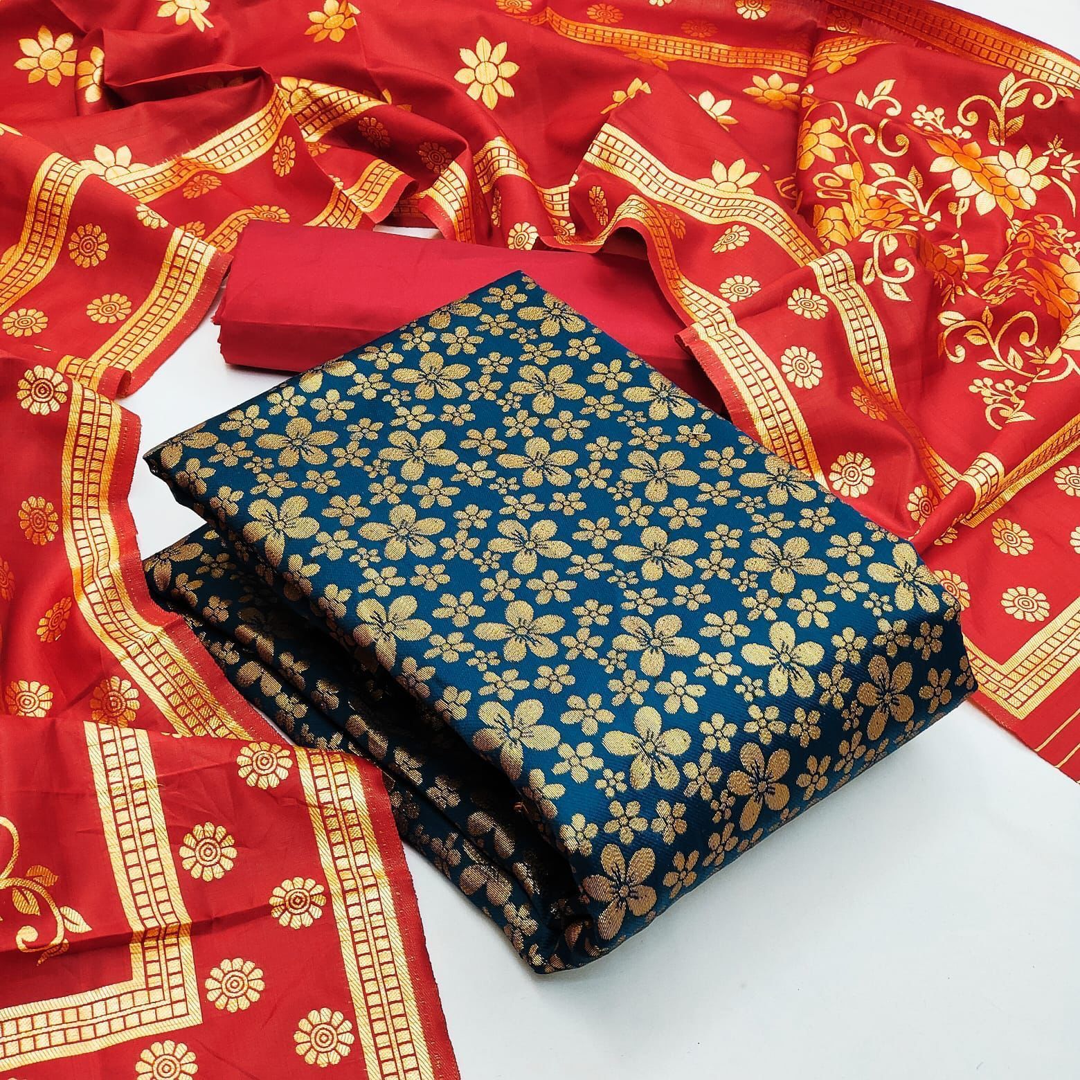 Banarsi Silk Suit - Banarsi Silk Fabric (2.4 Mtr), Heavy Silk Bottom (2.4 Mtr), Jacquard Weaving Dupatta (2.20 Mtr) | Custom Logo, Washable, Breathable, All Season, Custom Size Up To Xxxxl