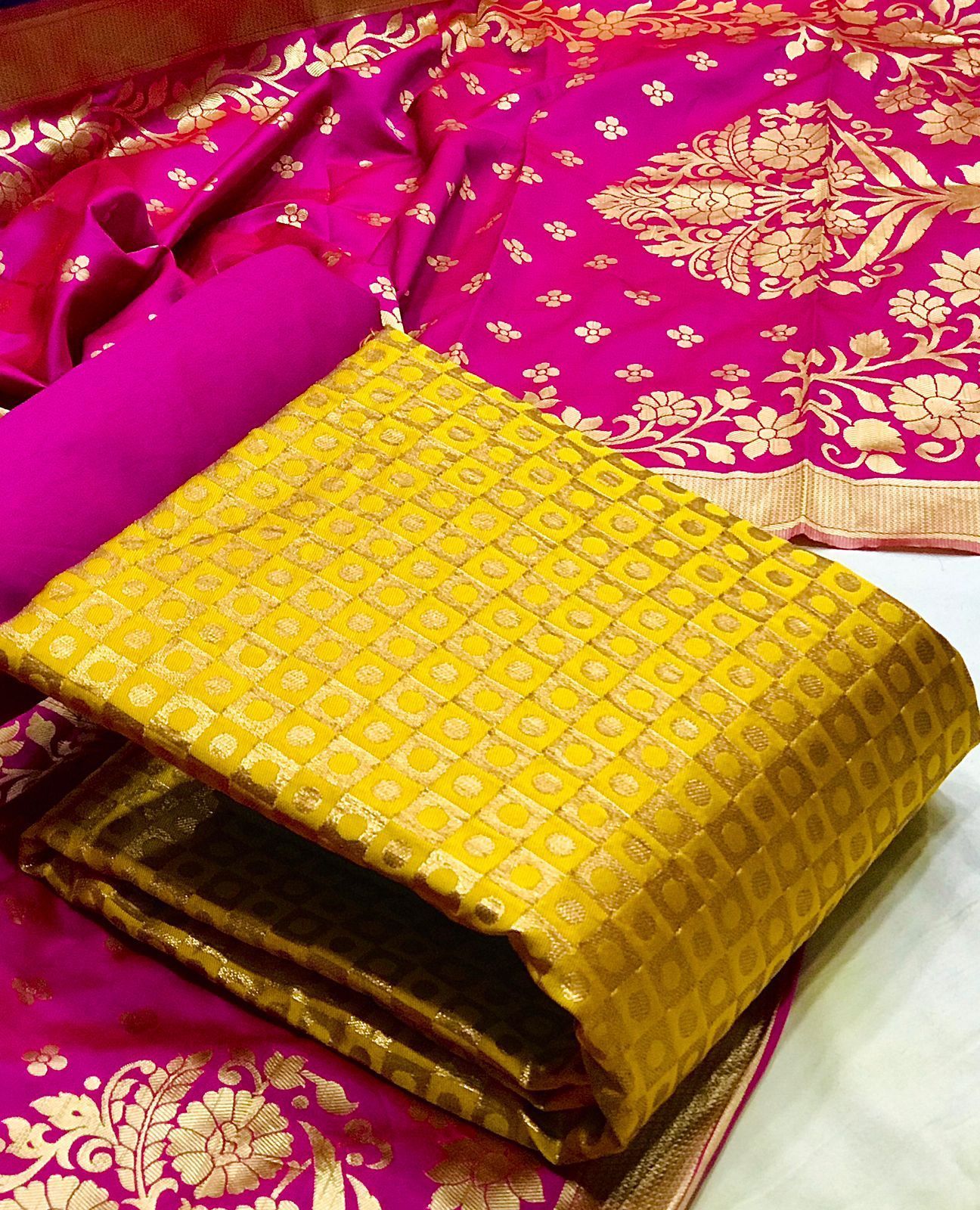Banarsi Silk Suit - Banarsi Silk Fabric (2.4 Mtr), Heavy Silk Bottom (2.4 Mtr), Jacquard Weaving Dupatta (2.20 Mtr) | Custom Logo, Washable, Breathable, All Season, Custom Size Up To Xxxxl