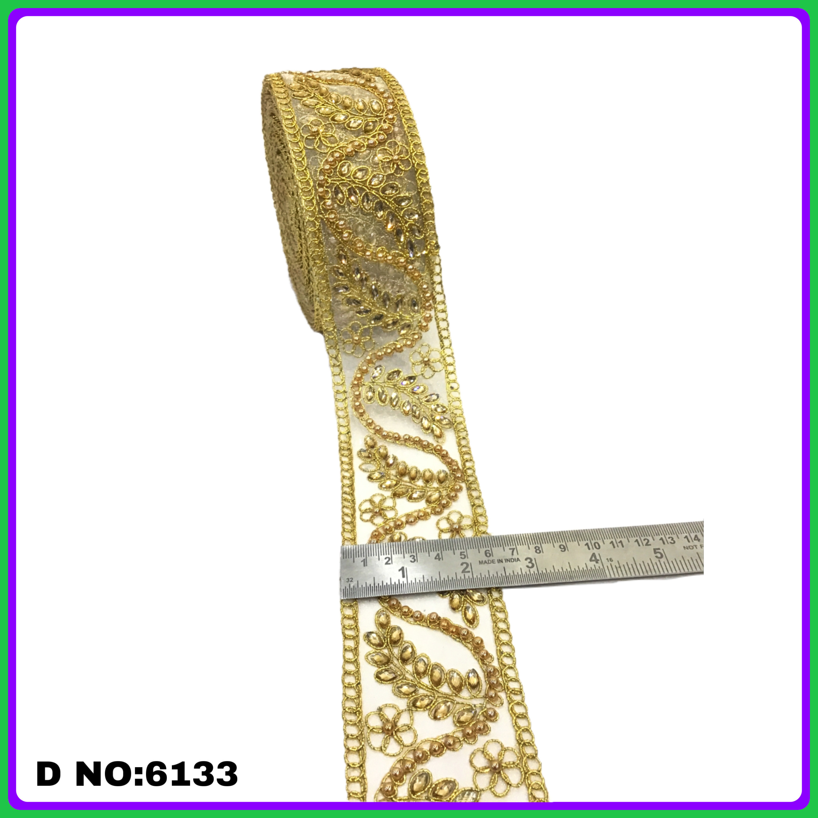 Bridal Lace - Organza, 9 Meters, Width 1.5 To 4.5 Inches, Colors: Golden, Silver, Antique Gold, Black, Salmon | Soft Finish, Elegant Patterns, Stone Decoration