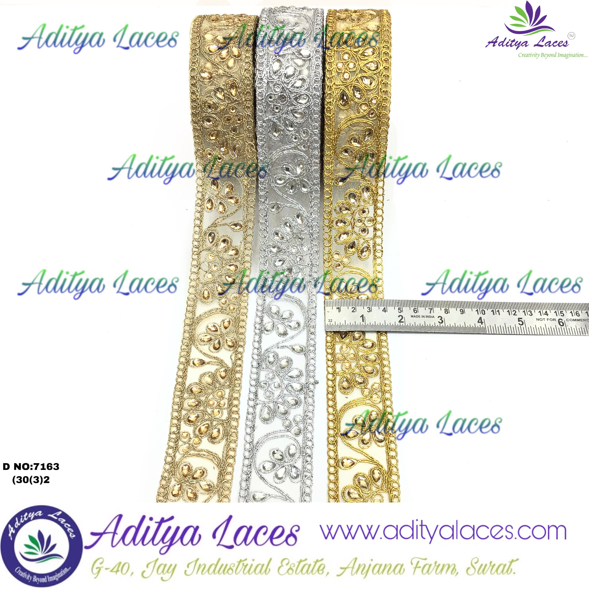 Bridal Lace - Organza, 9 Meters, Width 1.5 To 4.5 Inches, Colors: Golden, Silver, Antique Gold, Black, Salmon | Soft Finish, Elegant Patterns, Stone Decoration