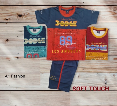 Regular Fit Kids T-shirt and Shorts - Cotton, Sizes: L, M, XL, XXL, Colors: Red, Blue, Yellow | Short Sleeves, Printed Pattern, Custom Logo, Washable, Modern Style
