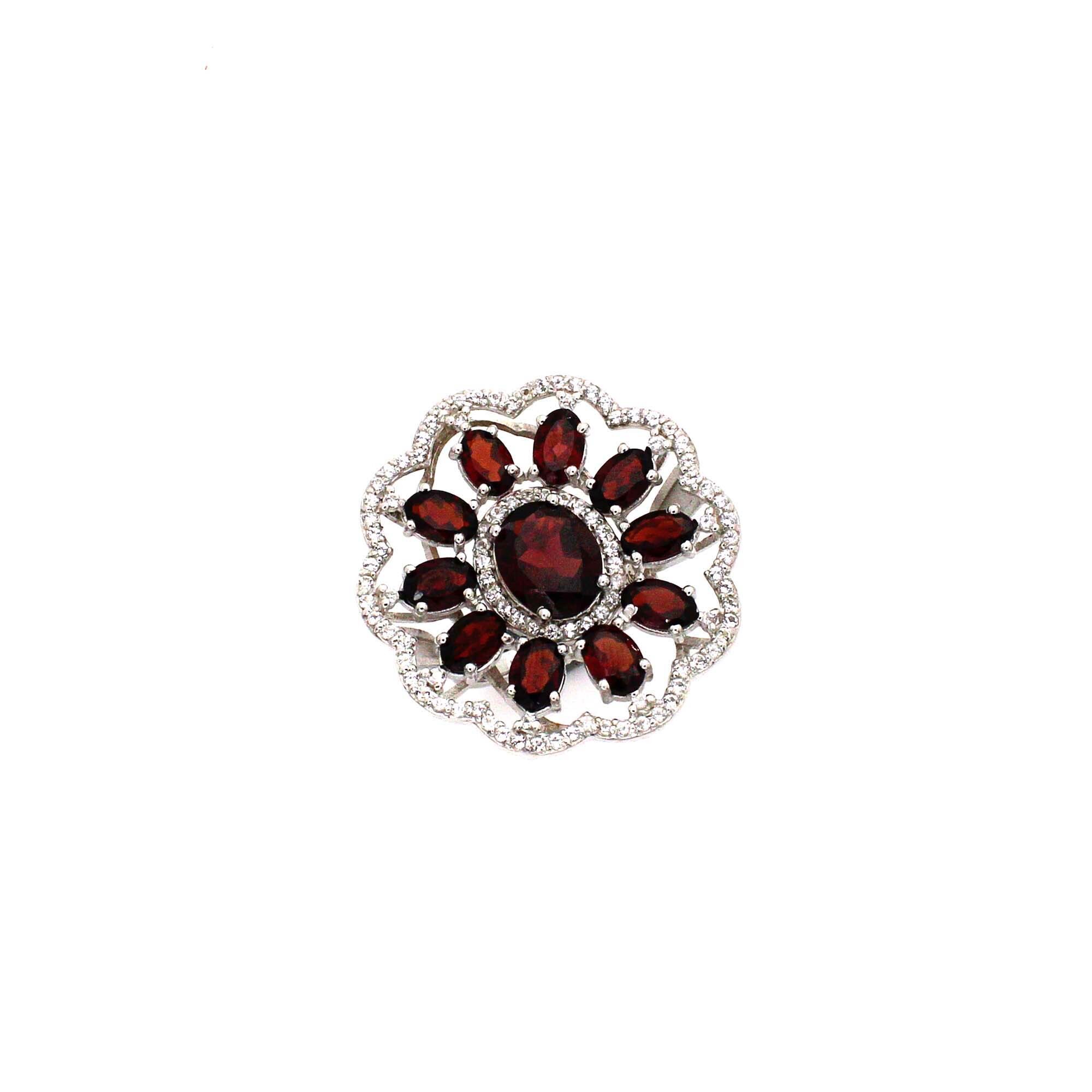925 Sterling Silver Garnet Flower Designer Ring