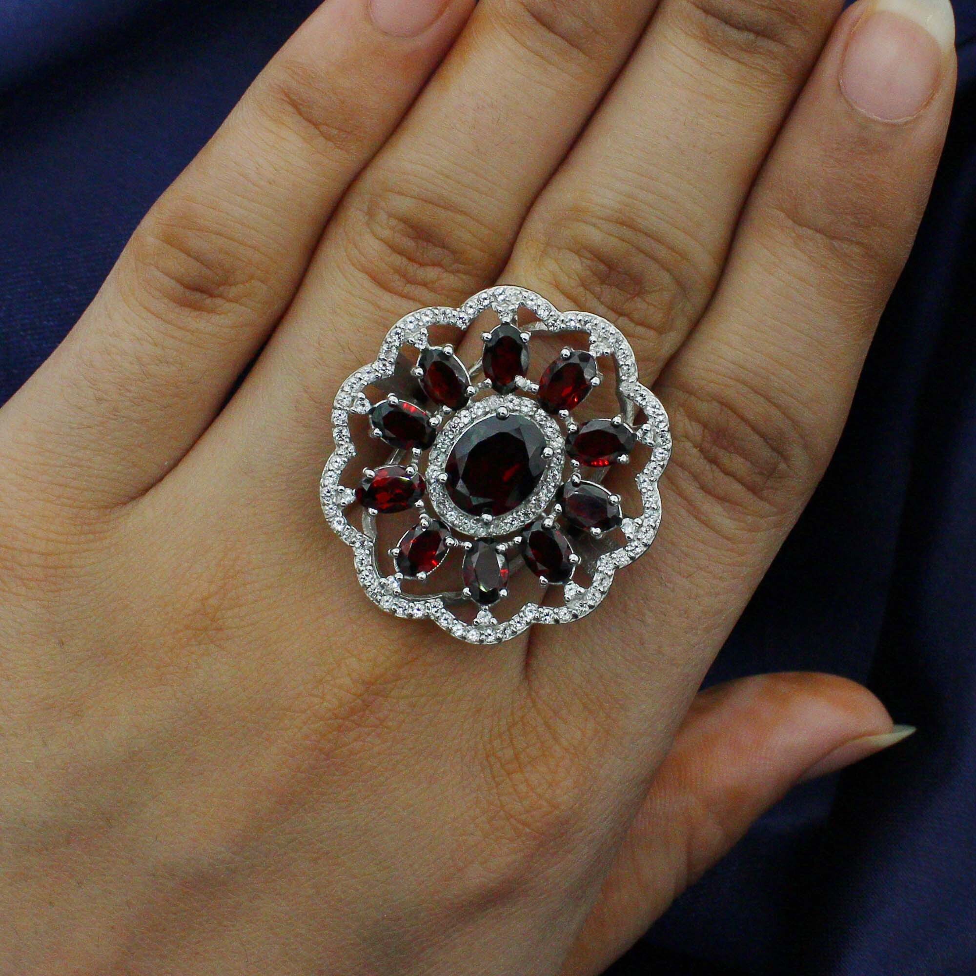 925 Sterling Silver Garnet Flower Designer Ring
